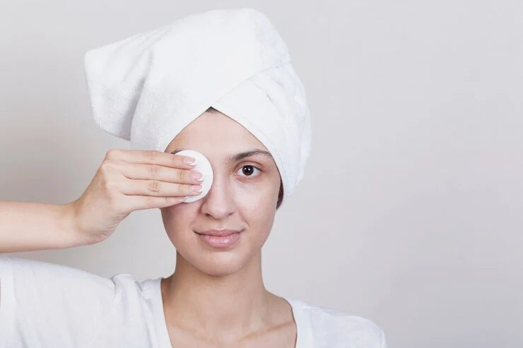 women using micellar water to clean her skin