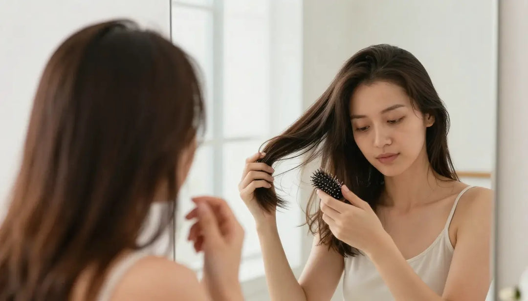 Wanita menyisir rambut sehat sebagai ilustrasi hasil perawatan rambut rontok secara alami