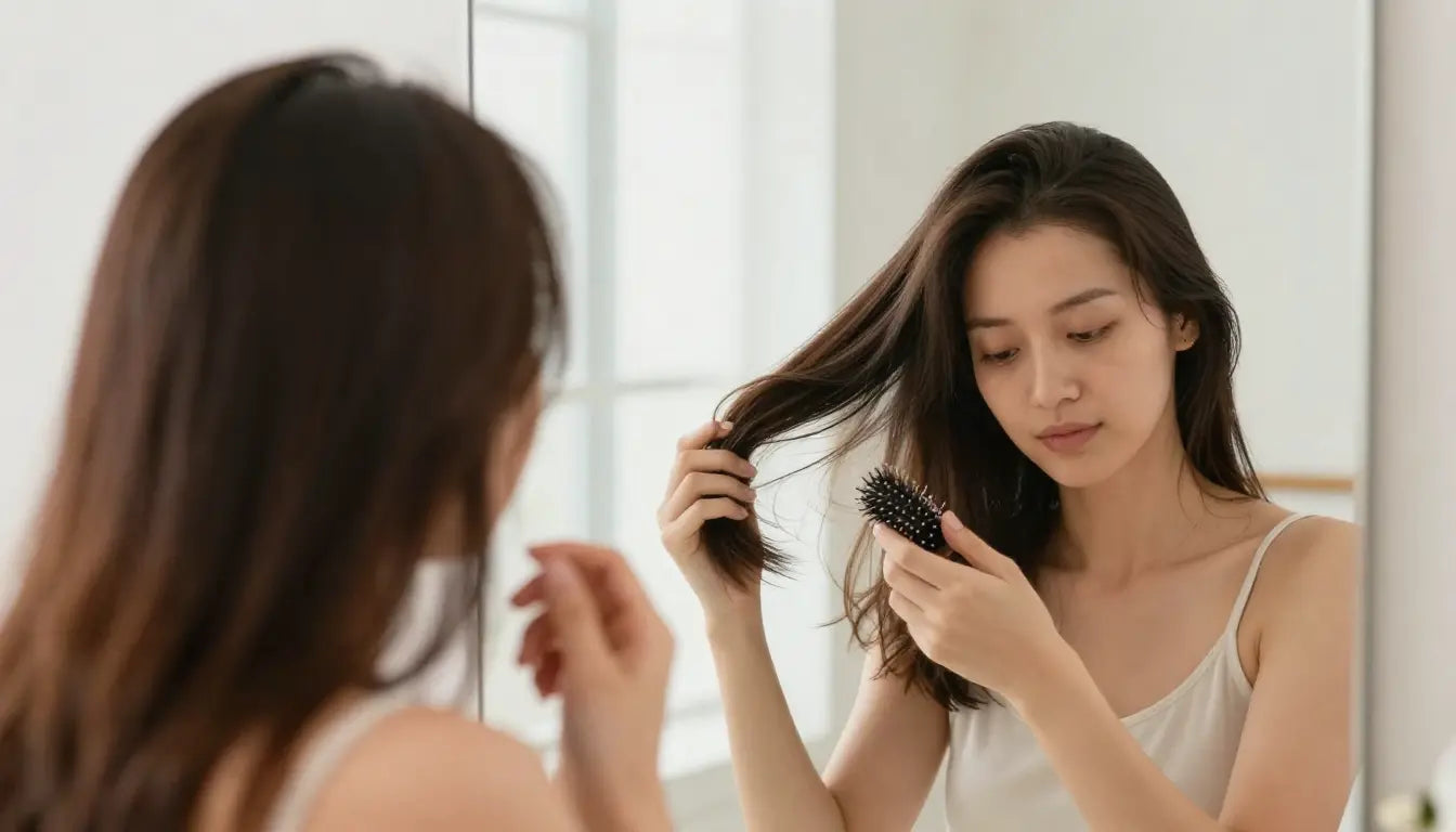 Wanita menyisir rambut sehat sebagai ilustrasi hasil perawatan rambut rontok secara alami