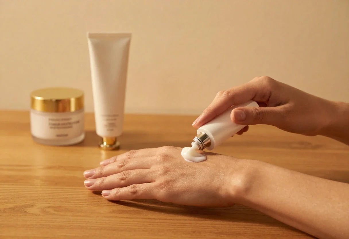 Woman applying hand cream to care for dry hands as part of a daily care routine