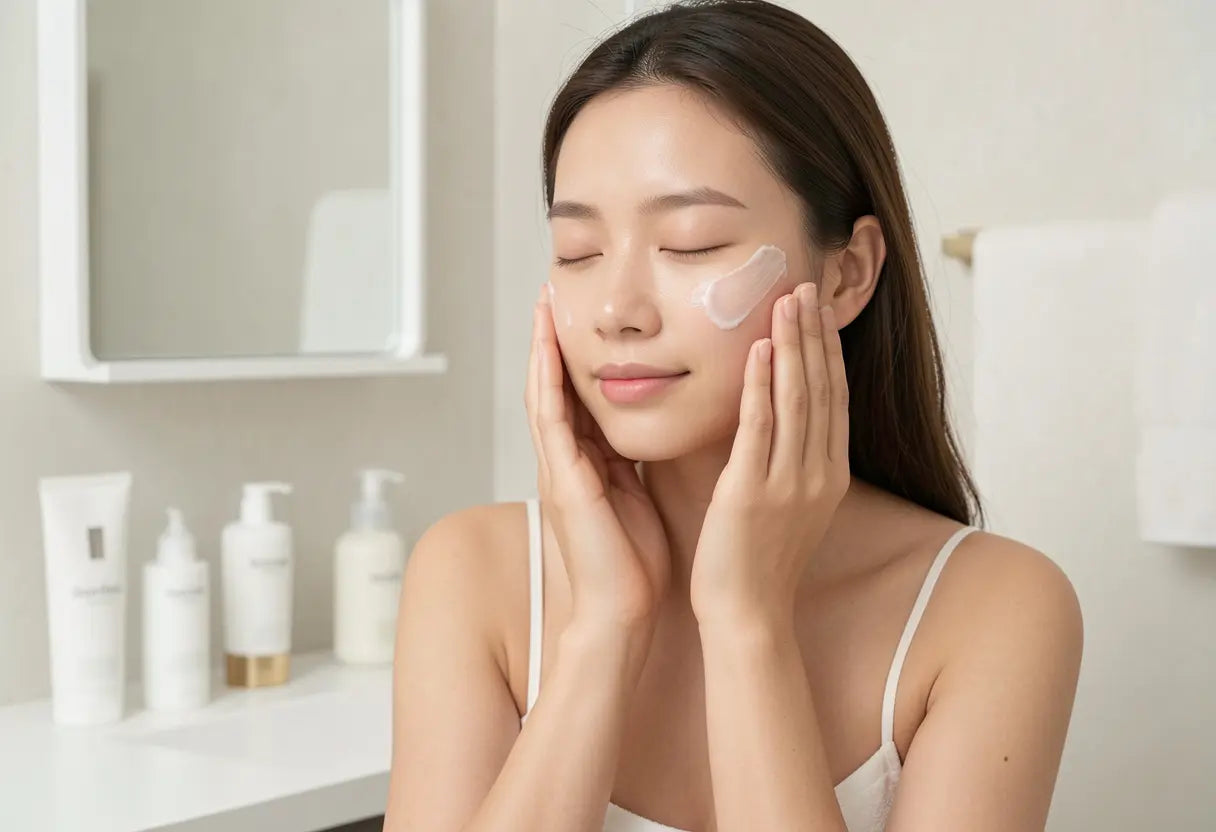 Woman applying body lotion to dry body skin after showering