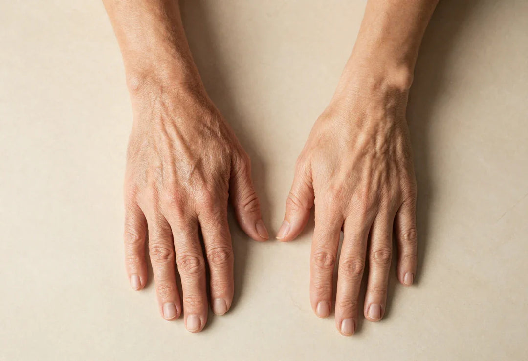 Comparison of wrinkled hand skin and smooth, supple hand skin to illustrate wrinkle prevention