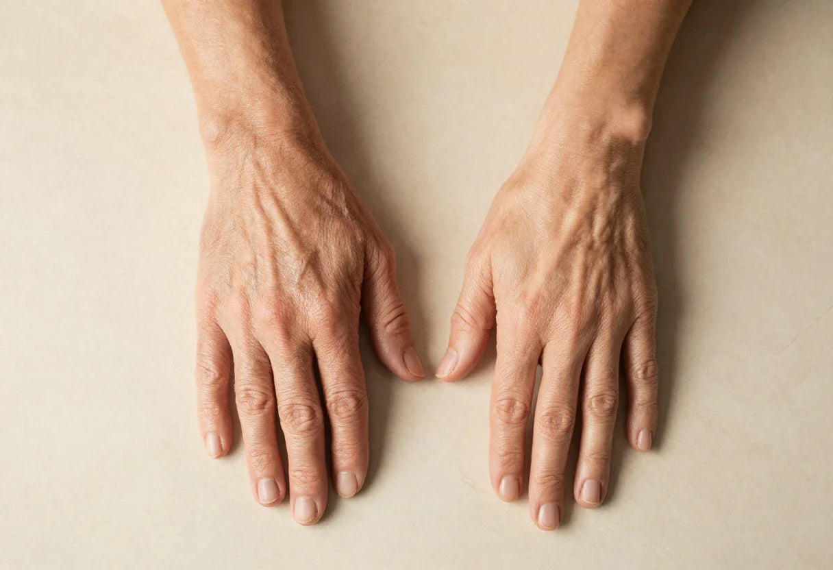 Comparison of wrinkled hand skin and smooth, supple hand skin to illustrate wrinkle prevention