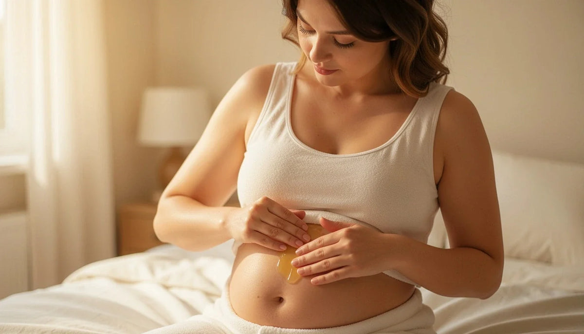 Wanita mengaplikasikan body oil ke area perut sebagai bagian dari perawatan kulit selama kehamilan dan pascapersalinan