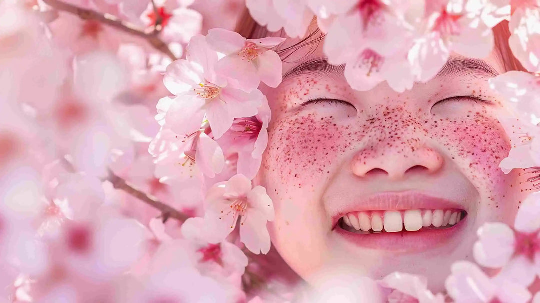 portrait young people with freckles beauty marks with cherry blossoms around her