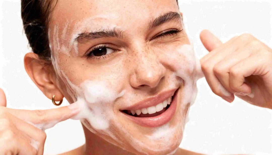 woman washing face with foamy cleanser